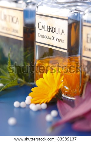 Close view of Calendula Officinalis plant extract and the flower petals in front