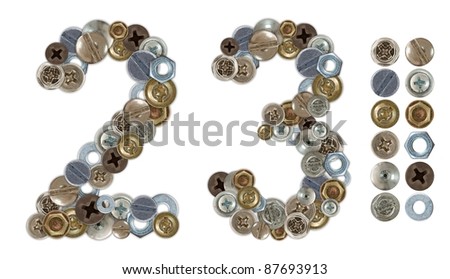 Numbers 2 and 3 made of screw and bolt heads. Standalone design elements attached