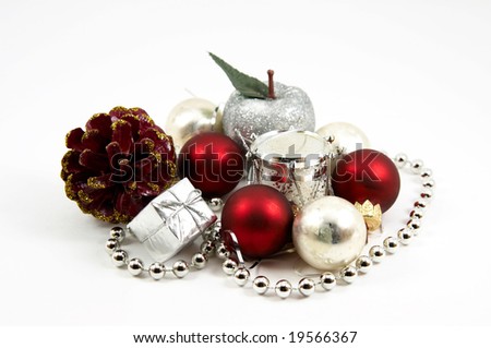 Apple, cone, drum, gift , three red and three silver balls isolated on white background