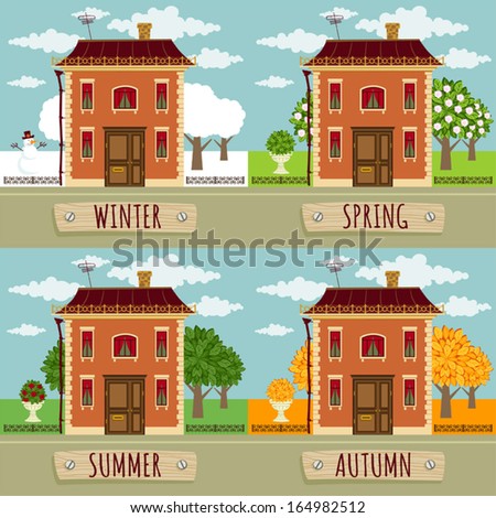 Set of illustrations of the seasons. City landscape with old house