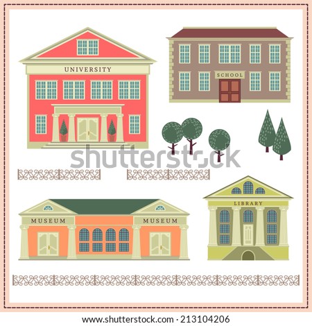 Network illustration with buildings and elements. University. Library. School. Museum.