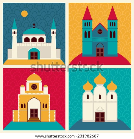 Network illustration with buildings and elements. Mosque. Orthodox church. Synagogue. Catholic church.