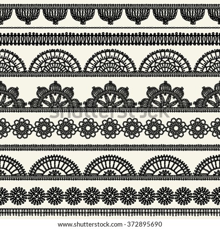 Set of vintage borders. Could be used as divider, frame, etc. Napkins crocheted. Freehand drawing. Black and white.