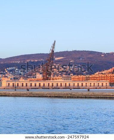view of Trieste harbour with crane, building and houses on hills