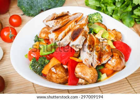 Stir fried meat and mixed vegetables with soy sauce and vegetable sauce on white plate, healthy food.
