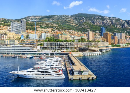 MONTE CARLO, MONACO- AUGUST 17: Port and city view of Monte Carlo, Monaco on August 17, 2015. Monte Carlo, where the Monte Carlo Casino is located and the Formula 1 Monaco Grand Prix takes place.