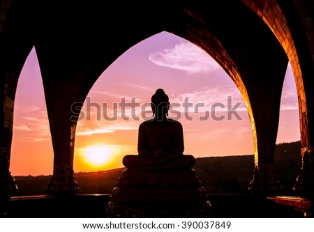 Silhouette of buddha at Wat Pha Sorn Kaew or Wat Phra Thart Pha Kaew, the public buddhist monastery and temple in Khao Kor in the dark evening during sunset with backlight, Thailand