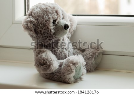 Teddy bear sitting by the window.