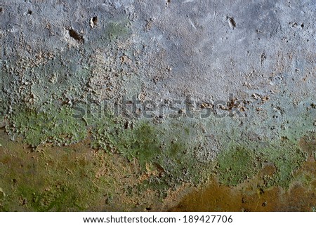 Texture of green and gray wall with mold and cracks