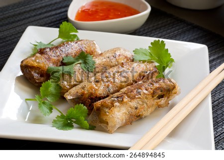 Nem - homemade spring rolls with chili sauce and fresh coriander - vietnamese cuisine