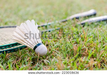 the shuttle cock and badminton racket on the grass