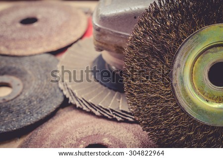 Old abrasive disks for metal and stone grinding, cutting - close up.