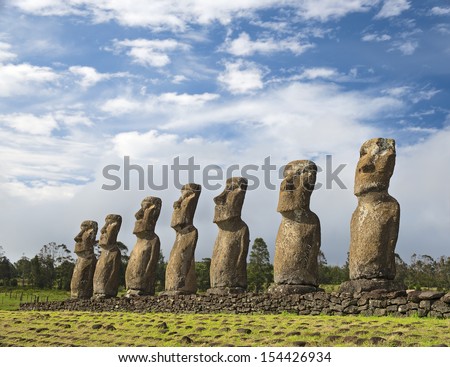 Seven moais of Easter Island, Symbol of Polynesian culture at the Ahu Akivi sacred site