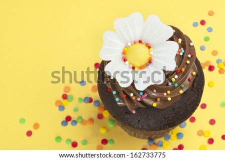 Small handmade cake with chocolate cream on yellow background