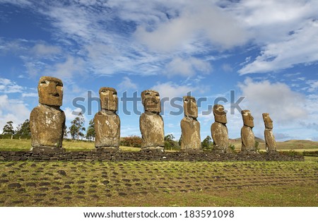 Moai of Easter island, symbol of Polynesian culture at the Ahu Akivi sacred site