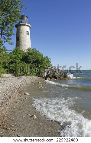 Lighthouse at the northernmost tip of the Pelee Island, Lake Erie, Ontario. Area belongs to Lighthouse Point Provincial Nature Reserve (Ontario Parks).