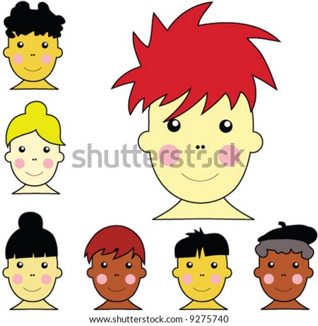  cute multicultural boy and girl faces with different hairstyles and skin