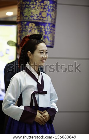 Incheon, South Korea - July 01: Korean Woman Wearing Traditional Cloths At Incheon International Airport On July 01, 2013 In South Korea. Incheon Airport Is The Largest Airport In South Korea.