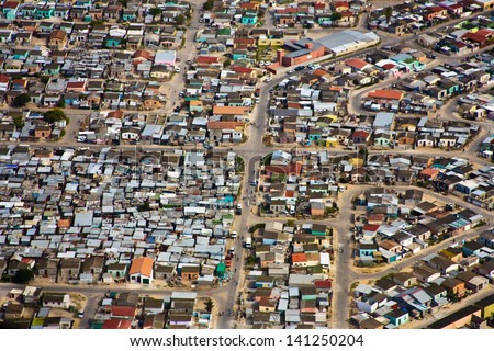 Aerial view of informal settlements of the Cape Flats, Cape Town, South Africa
