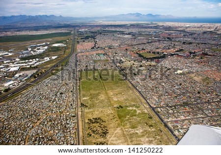 Aerial view of informal settlements of the Cape Flats, Cape Town, South Africa