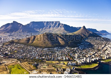 Aerial view of Cape Town, with Green Point and Sea Point, Table Mountain, Lion\'s Head, Signal Hill and Devil\'s Peak.
