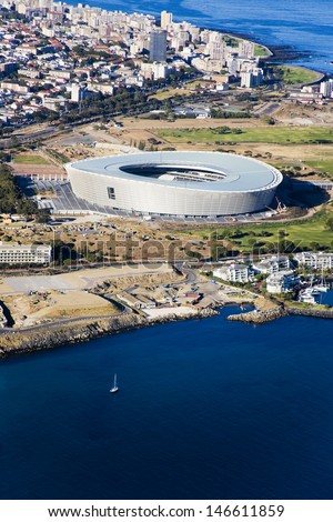 Aerial view of Cape Town Stadium and Green Point, South Africa