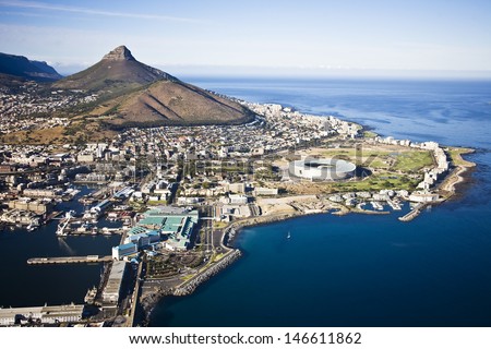 Aerial View Of Cape Town With V&Amp;A Waterfront, Cape Town Stadium And Lion\'S Head