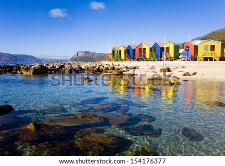 St James Beach With Colourful Bathing Boxes, Cape Town, South Africa