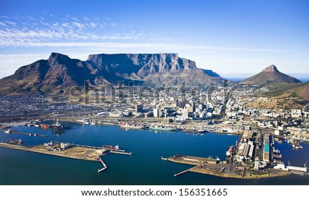 Aerial View Of Cape Town City Centre, With Table Mountain, Cape Town Harbour, Lion'S Head And Devil'S Peak