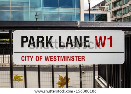 LONDON, UK - JUNE 22, 2013: A sign for Park Lane in central London on June 22 2013