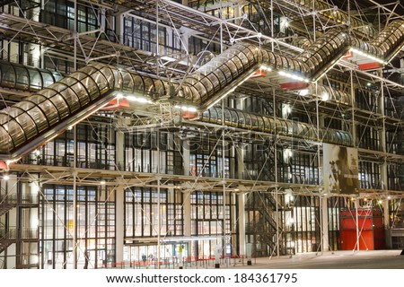 PARIS, FRANCE - 19TH MARCH 2014: The outside of the Centre Georges Pompidou in Paris at night showing the modern design of the building