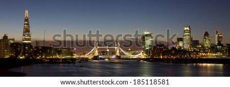 Panoramic of the City of London with Tower Bridge, The Shard, Walkie Talkie, Gherkin and other skyscrapers