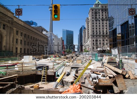 TORONTO, CANADA - 22ND JUNE 2014: View of the construction outside Union Station during the day