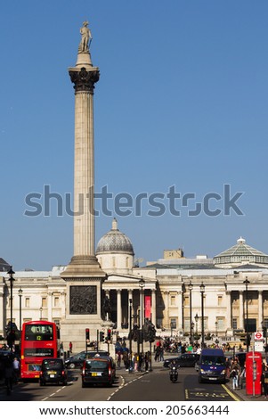 LONDON, UK - 9TH MARCH 2014: A view towards Trafalgar Square during the day, showing Nelsons Column and the National Gallery in the background