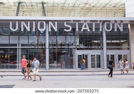 TORONTO, CANADA - 27TH JULY 2014: The outside of Union Station in Toronto during the day. People can be seen outside the station
