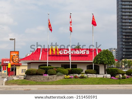 TORONTO, CANADA - 12 AUGUST 2014: The outside of a McDonalds drive through restaurant during the day