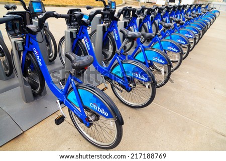NEW YORK CITY, USA - 31ST AUGUST 2014: Citi Bikes in New York City at docking stations