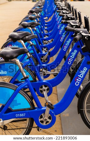 NEW YORK CITY, USA - 30TH AUGUST 2014: Citi Bikes in New York City at docking stations