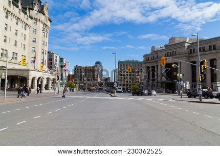 OTTAWA, CANADA -  11TH OCTOBER 2014: A view of streets in Ottawa during the day. People and traffic can be seen