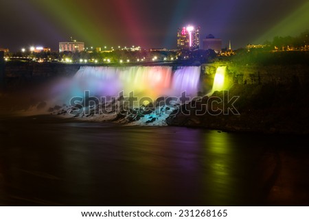 NIAGARA FALLS, CANADA - 3RD NOVEMBER 2014: Spot lights being used on the American Falls waterfall at night