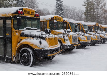TORONTO, CANADA - 11TH DECEMBER 2014: Toronto School Bus's parked up during the snow