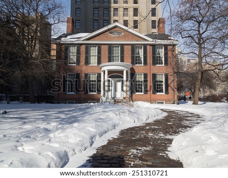 TORONTO, CANADA - 6TH FEBRUARY 2015: The outside of Campbell House during the day. Snow can be seen outside