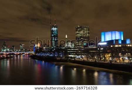 LONDON, UK - 8TH MARCH 2015:  Part of the London Skyline at night showing buildings in central London, including the Shard, OXO, IBM and 20 Fenchurch Street