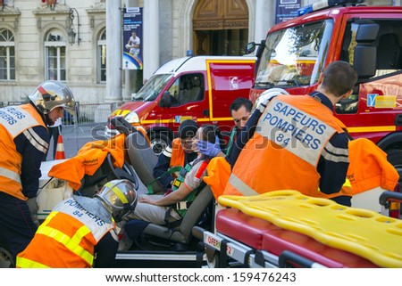 AVIGNON, FRANCE - OCTOBER 15: Local authority personnel demonstrate rescue operation activity at local fair in Avignon, France on October 15, 2013