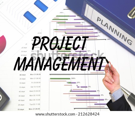 Businessman writing Project Management. Project management icons on the background