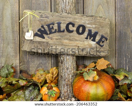 Welcome sign with hearts hanging on tree by pumpkins and autumn leaves