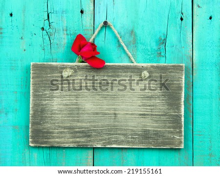 Blank rustic wood  sign with red flowers hanging on antique green wooden door