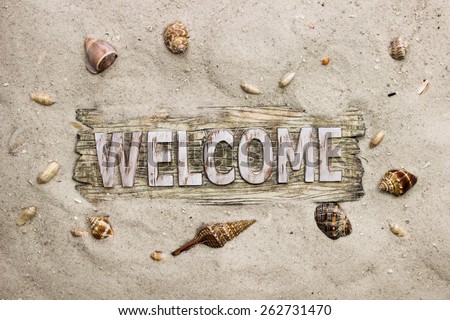 Welcome sign with sand beach border and seashells