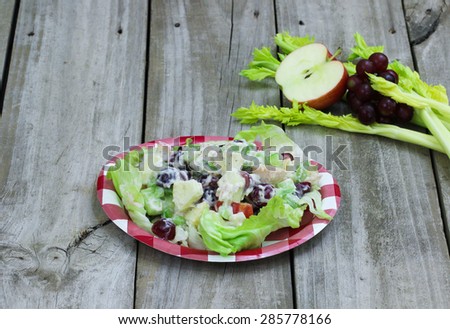 Healthy chicken fruit salad on red and white checkered paper picnic plate with ingredients in background on rustic wooden table