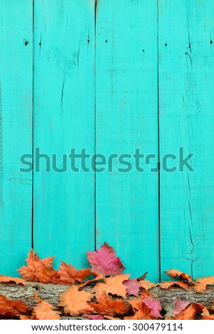 Rustic blank antique green wood sign with fall leaves on log border